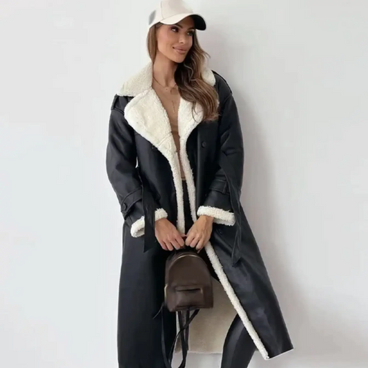 Langer Trenchcoat für Damen, mit Lammfellfutter, zweireihig | Winter