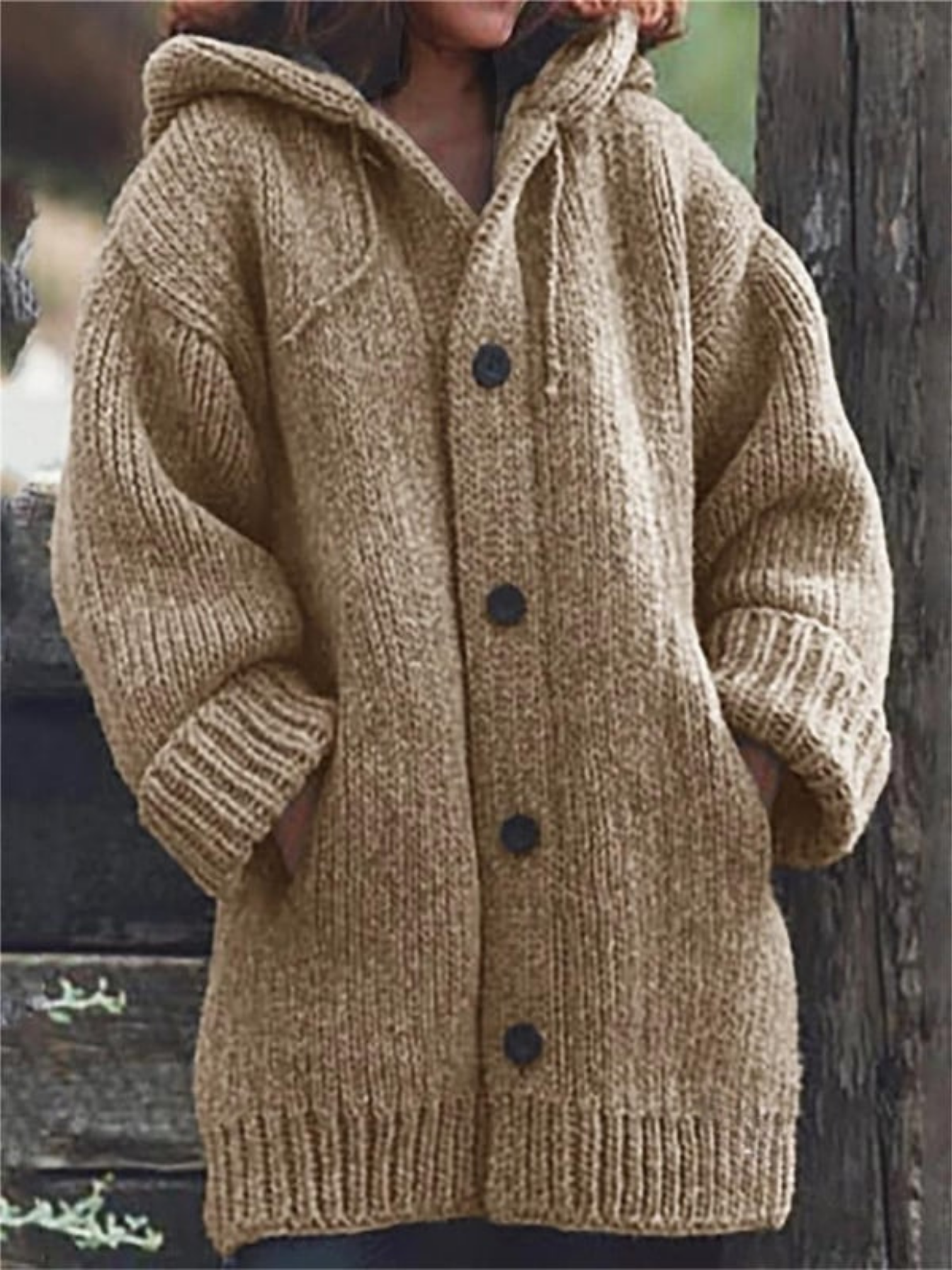 Langer Cardigan für Damen, mit Kapuze | Lange Länge