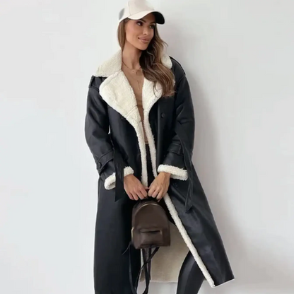 Langer Trenchcoat für Damen, mit Lammfellfutter, zweireihig | Winter
