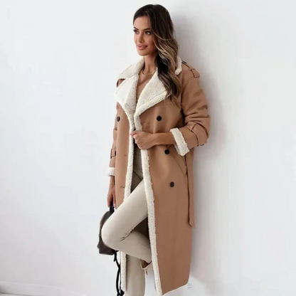 Langer Trenchcoat für Damen, mit Lammfellfutter, zweireihig | Winter