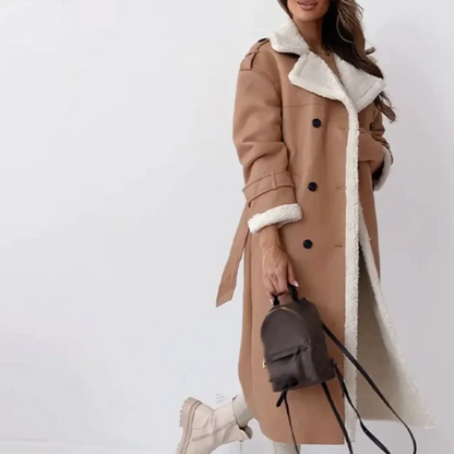 Langer Trenchcoat für Damen, mit Lammfellfutter, zweireihig | Winter