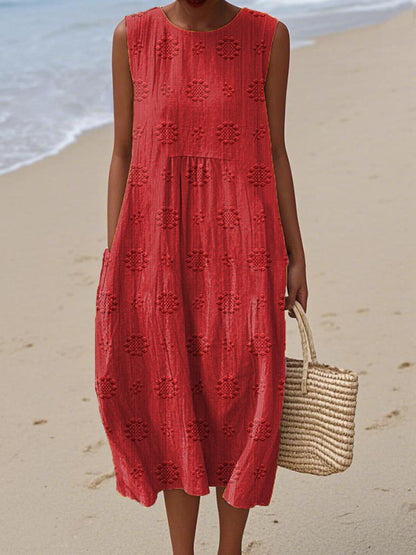 Sommerkleid Damen | Ärmellos mit Blumenstruktur & Weitem Ballonrock