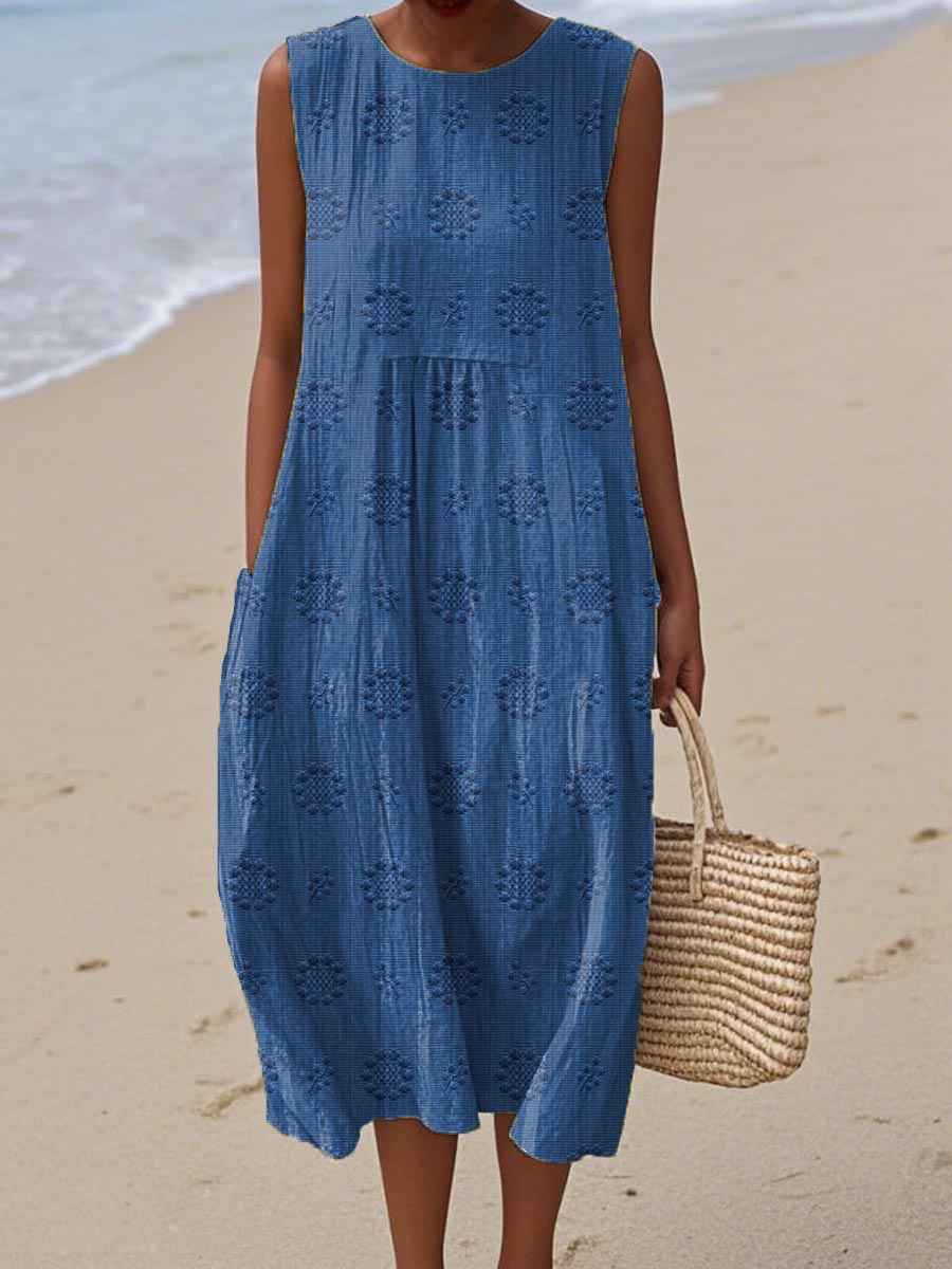 Sommerkleid Damen | Ärmellos mit Blumenstruktur & Weitem Ballonrock