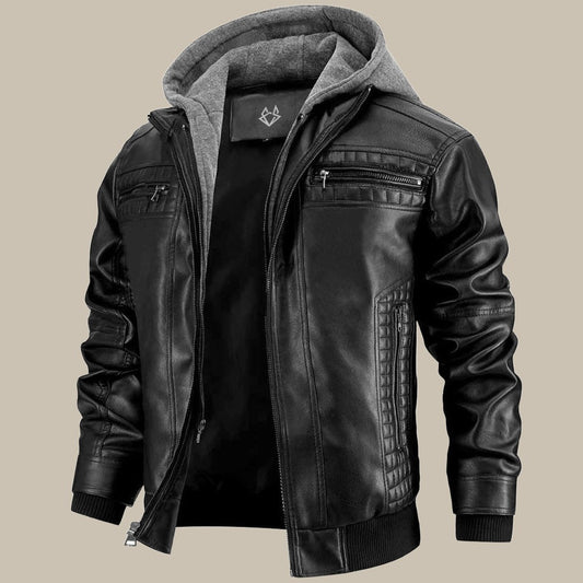 Lederjacke für Herren mit abnehmbarer Kapuze | Normale Passform