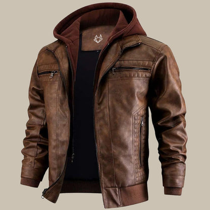 Lederjacke für Herren mit abnehmbarer Kapuze | Normale Passform