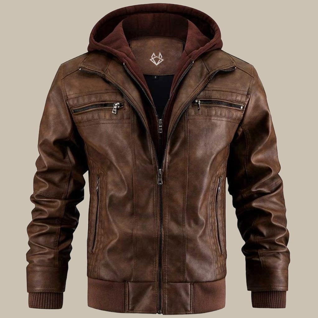 Lederjacke für Herren mit abnehmbarer Kapuze | Normale Passform