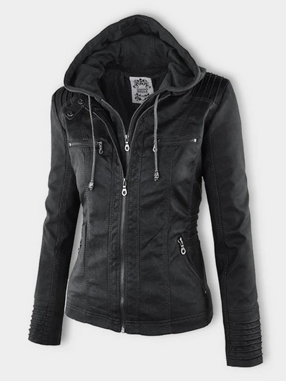 Lederjacke mit Kapuze für Damen | Geripptes Profil