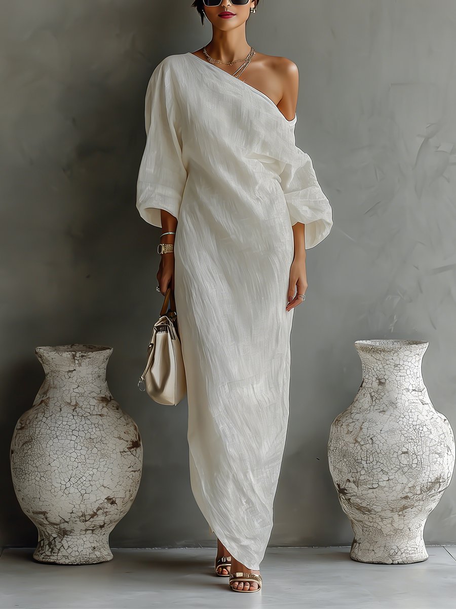 Maxi Kleid Damen | One-Shoulder mit Ballonärmel
