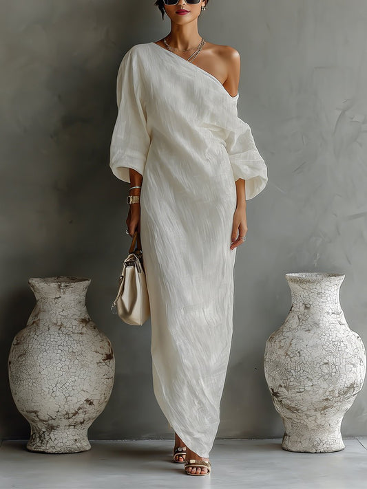 Maxi Kleid Damen | One-Shoulder mit Ballonärmel