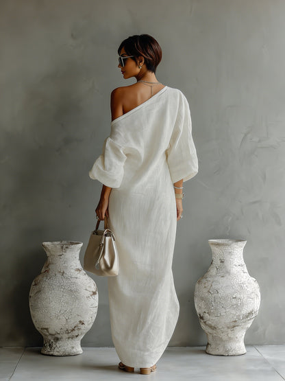 Maxi Kleid Damen | One-Shoulder mit Ballonärmel
