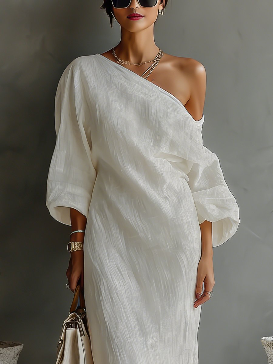 Maxi Kleid Damen | One-Shoulder mit Ballonärmel