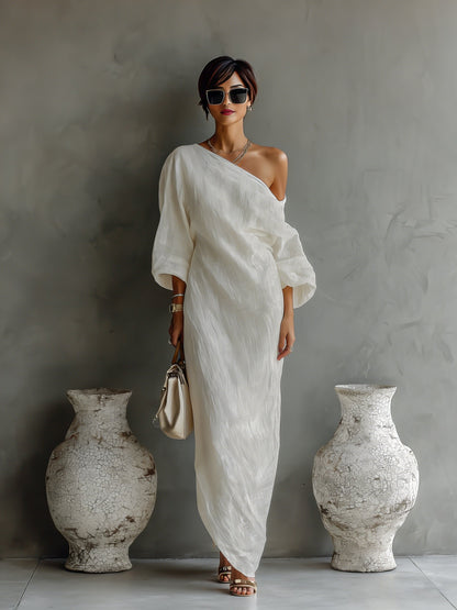 Maxi Kleid Damen | One-Shoulder mit Ballonärmel