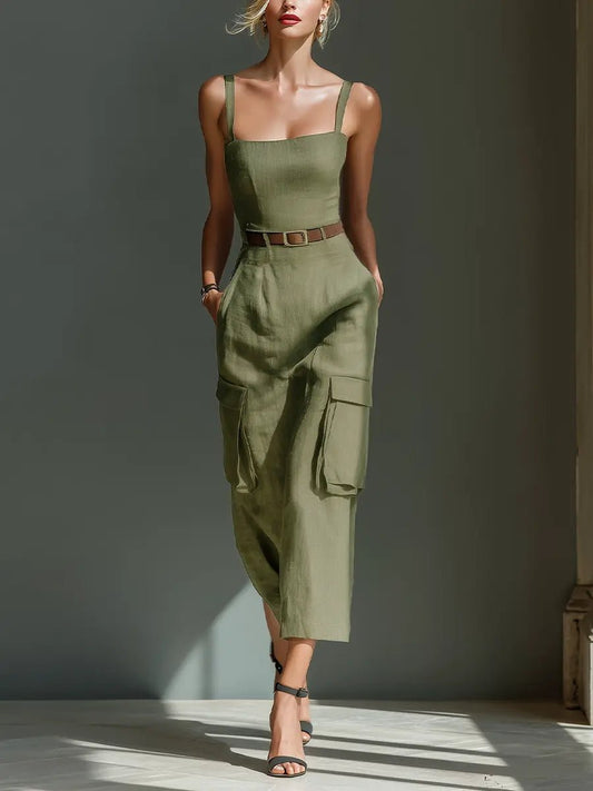 Midi Kleid Damen | Cargo-Stil mit Gürtel & Taschen