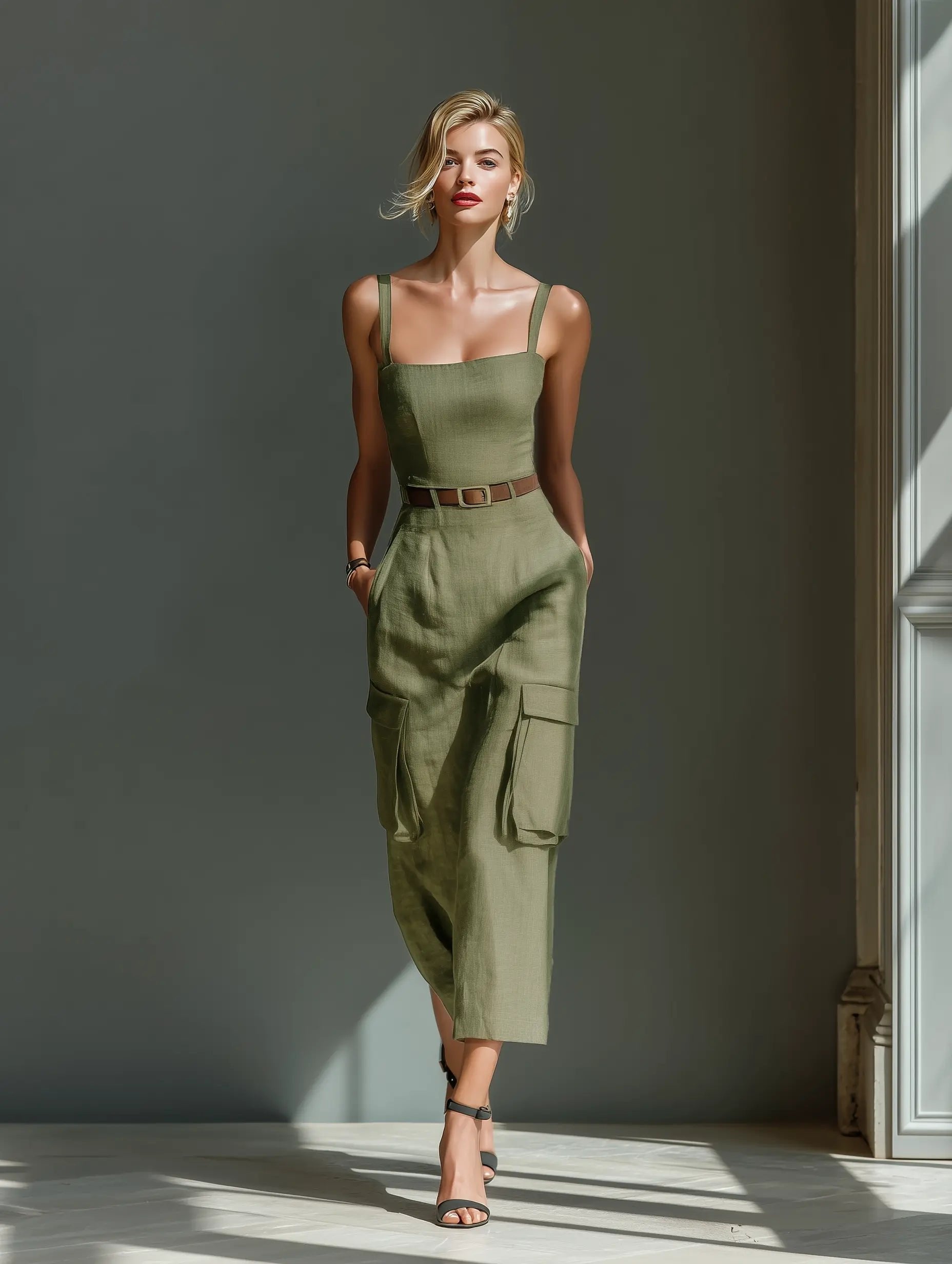 Midi Kleid Damen | Cargo-Stil mit Gürtel & Taschen