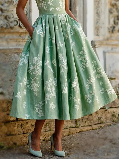 Midi Kleid Damen | Blumenmuster & Ausgestellter Rock