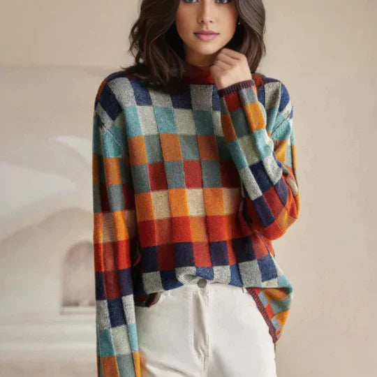 Lina – Kariertes Damen Strickoberteil mit Stehkragen 0