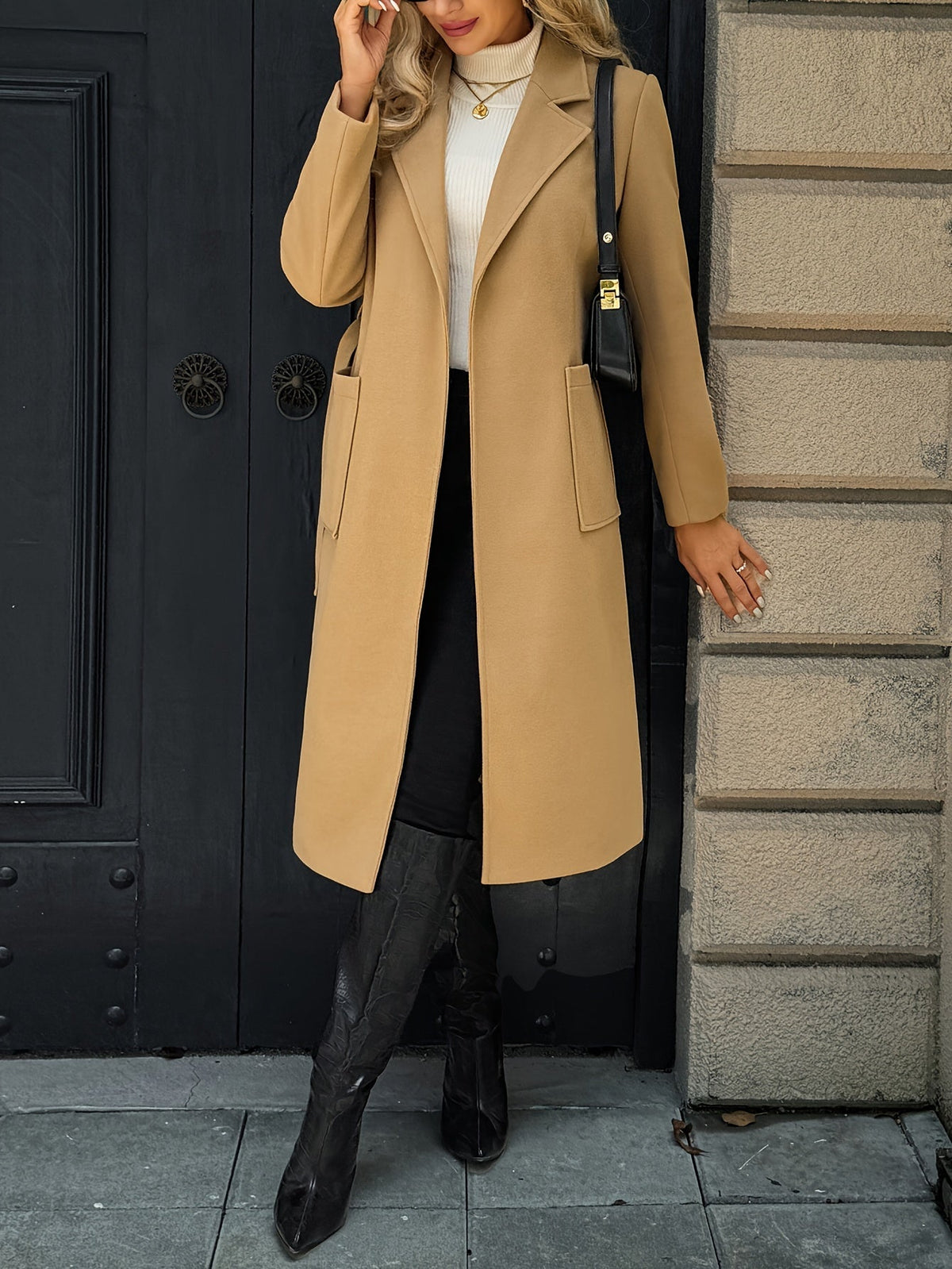 Brimdora | Damen Langer Mantel mit Bindegürtel - Camel - Image 5