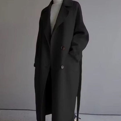Damen Mantel Eleganter Longline Wollmantel mit Reverskragen - Schwarz