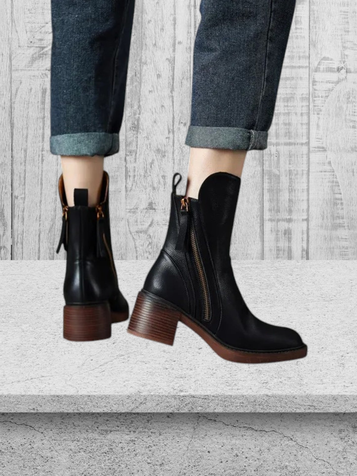 Margarete | Elegante Lederknöchelstiefel mit goldenen Reißverschluss und Blockabsatz für Damen