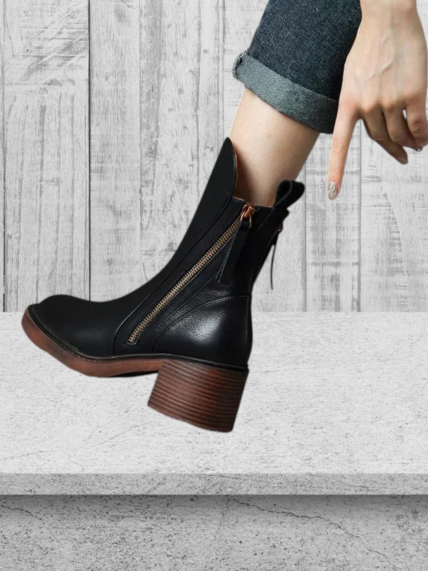 Margarete | Elegante Lederknöchelstiefel mit goldenen Reißverschluss und Blockabsatz für Damen