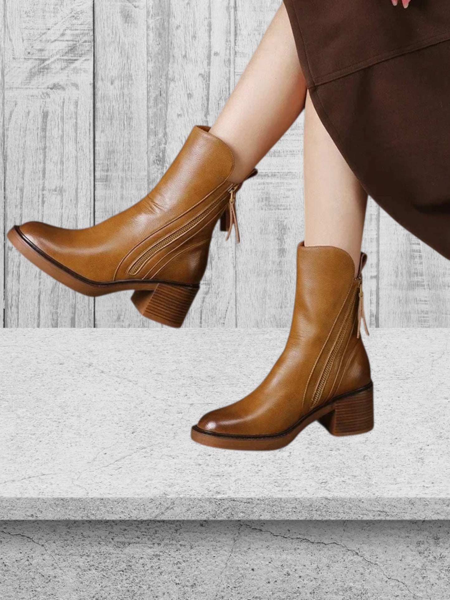 Margarete | Elegante Lederknöchelstiefel mit goldenen Reißverschluss und Blockabsatz für Damen