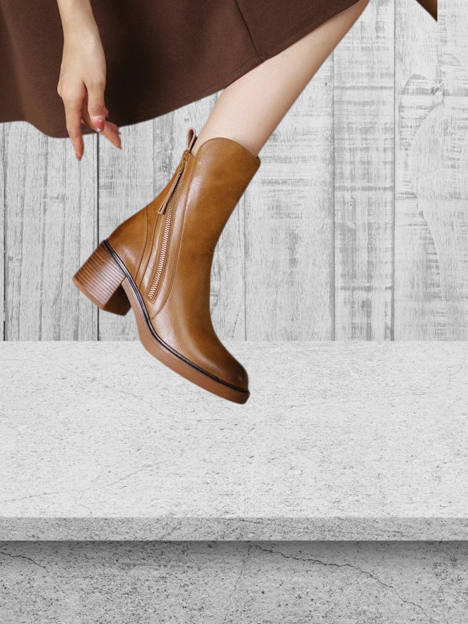 Margarete | Elegante Lederknöchelstiefel mit goldenen Reißverschluss und Blockabsatz für Damen