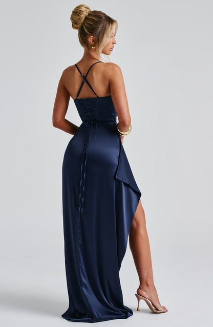 Maxi Abendkleid Damen | Satin-Ruching & Dramatischer Beinschlitz