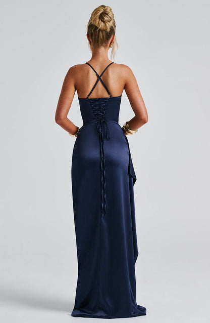 Maxi Abendkleid Damen | Satin-Ruching & Dramatischer Beinschlitz