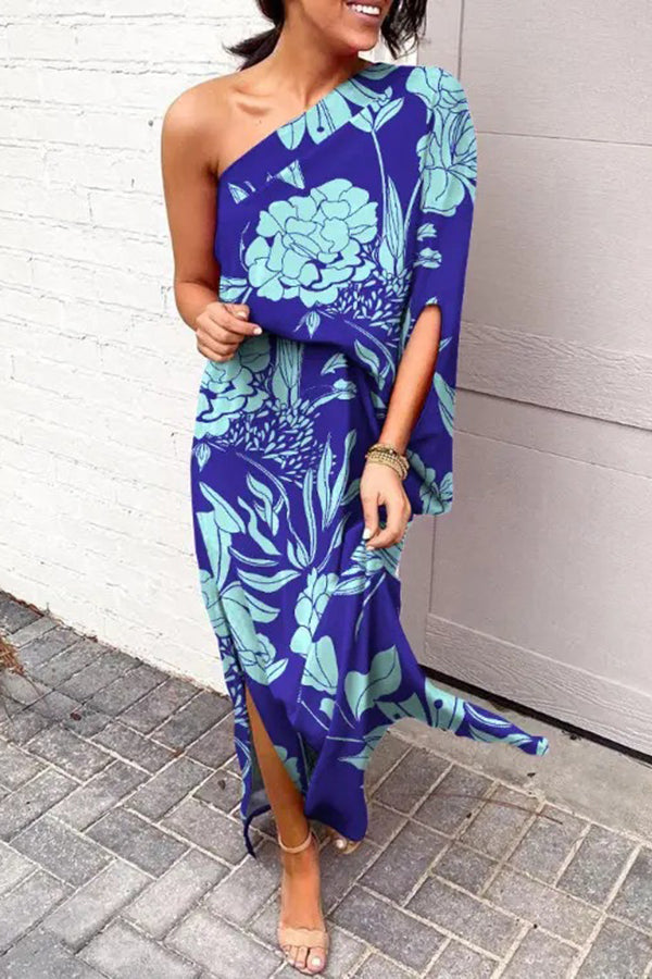 Maxi Kleid Damen One Shoulder | Blumendruck & Beinschlitz