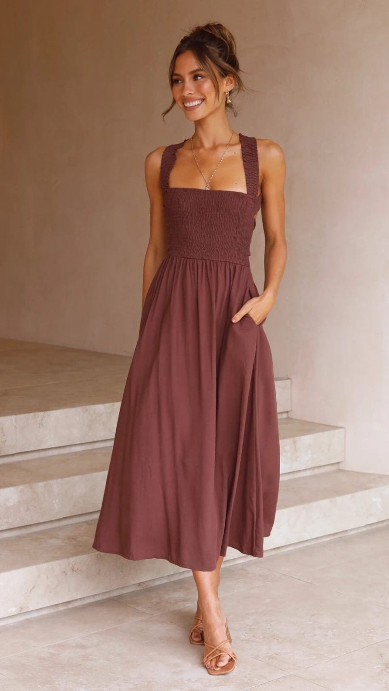 Maxi Kleid Damen mit Trägern | Smok-Oberteil & Bequem