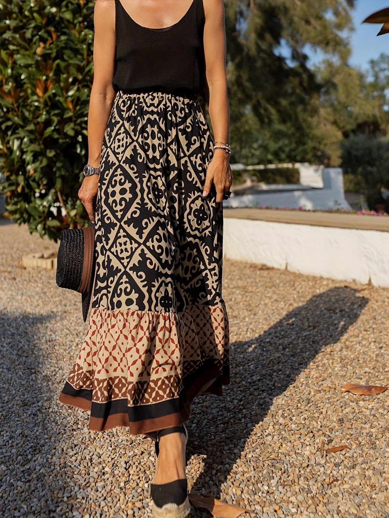 Maxi Rock Damen | Boho-Print & Fließender Volant-Saum
