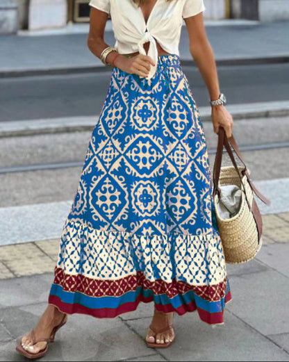 Maxi Rock Damen | Boho-Print & Fließender Volant-Saum