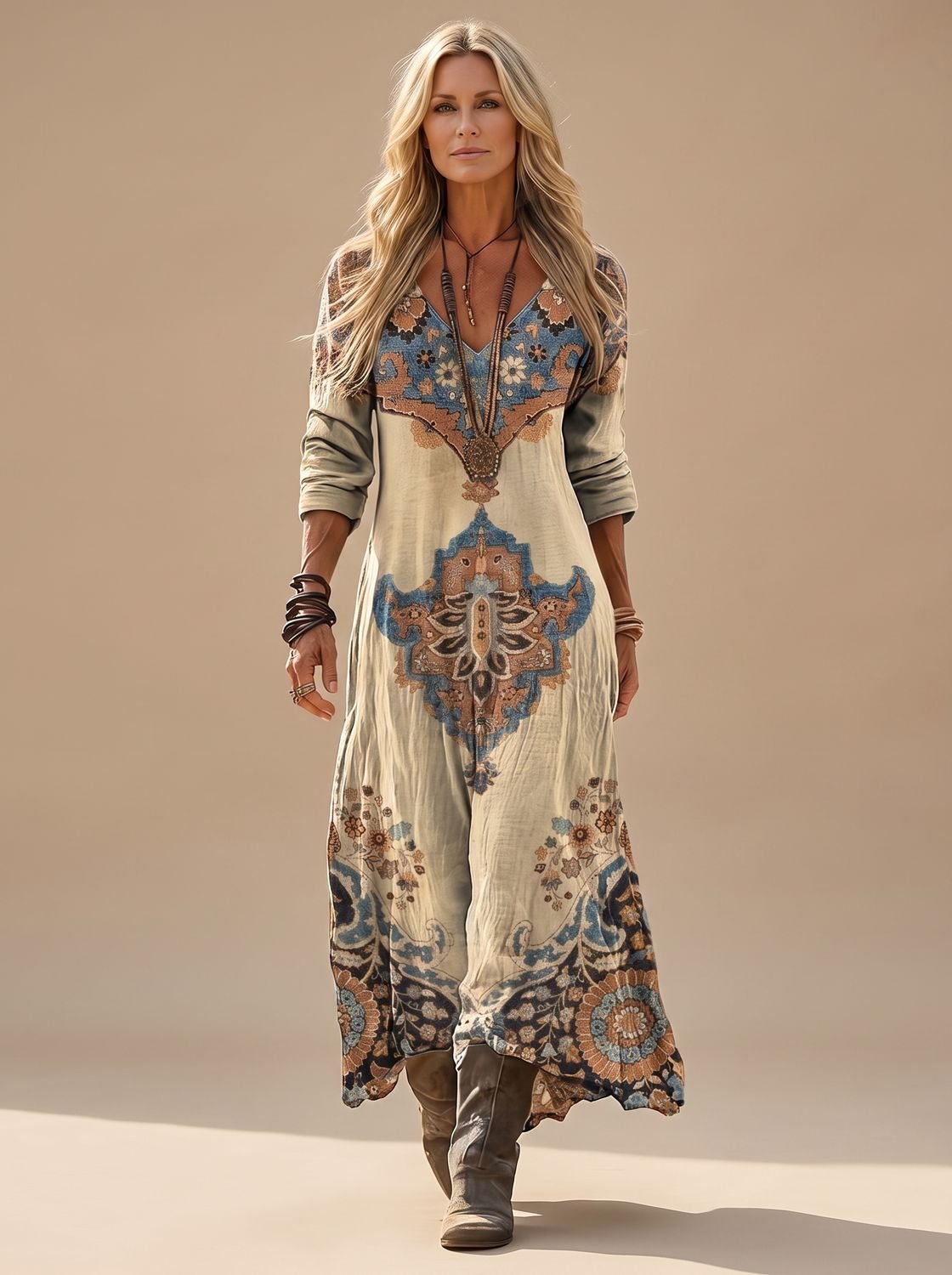 Maxikleid Damen | Boho Print & Langarm