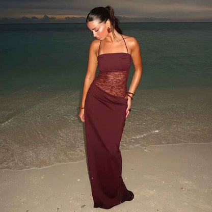 Maxikleid Damen | Figurbetontes Abendkleid mit Spitzen-Corsage & Schnurträgern
