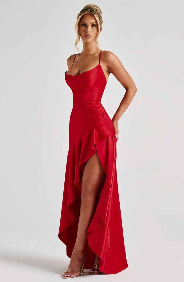 Maxikleid Damen | Satin-Abendkleid mit Rüschenrock & Hohem Schlitz