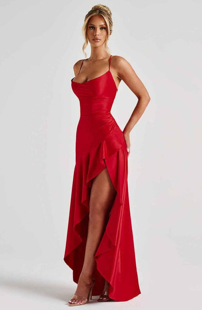 Maxikleid Damen | Satin-Abendkleid mit Rüschenrock & Hohem Schlitz