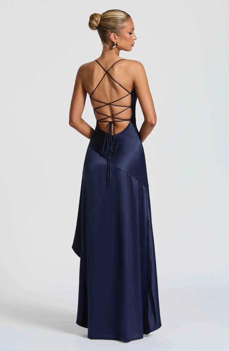 Maxikleid Damen | Satin-Abendkleid mit Rüschenrock & Hohem Schlitz