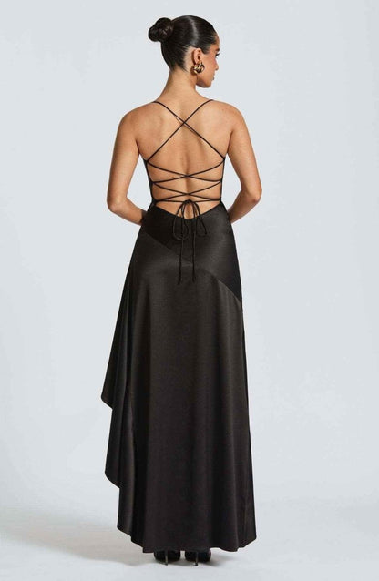 Maxikleid Damen | Satin-Abendkleid mit Rüschenrock & Hohem Schlitz