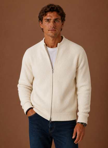 Men's ribbed knit full-zip cardigan sweater shown from the front