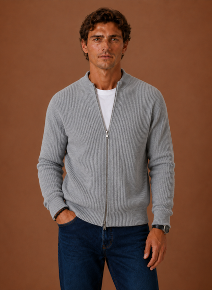 Men's ribbed cardigan sweater with the front zipper fully closed