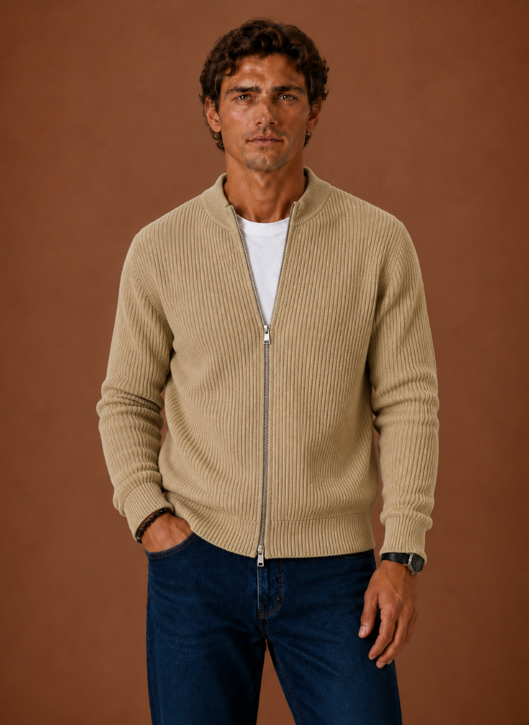 Side view of a men's ribbed knit cardigan sweater