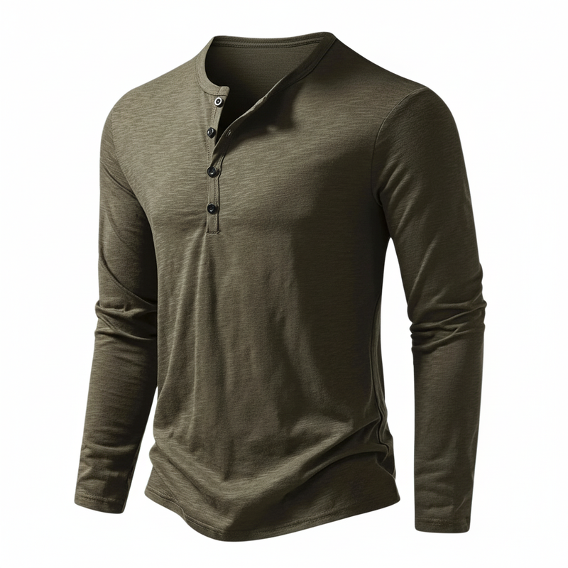 Herren Henley Langarmshirt Knopfleiste Bequeme Passform 5