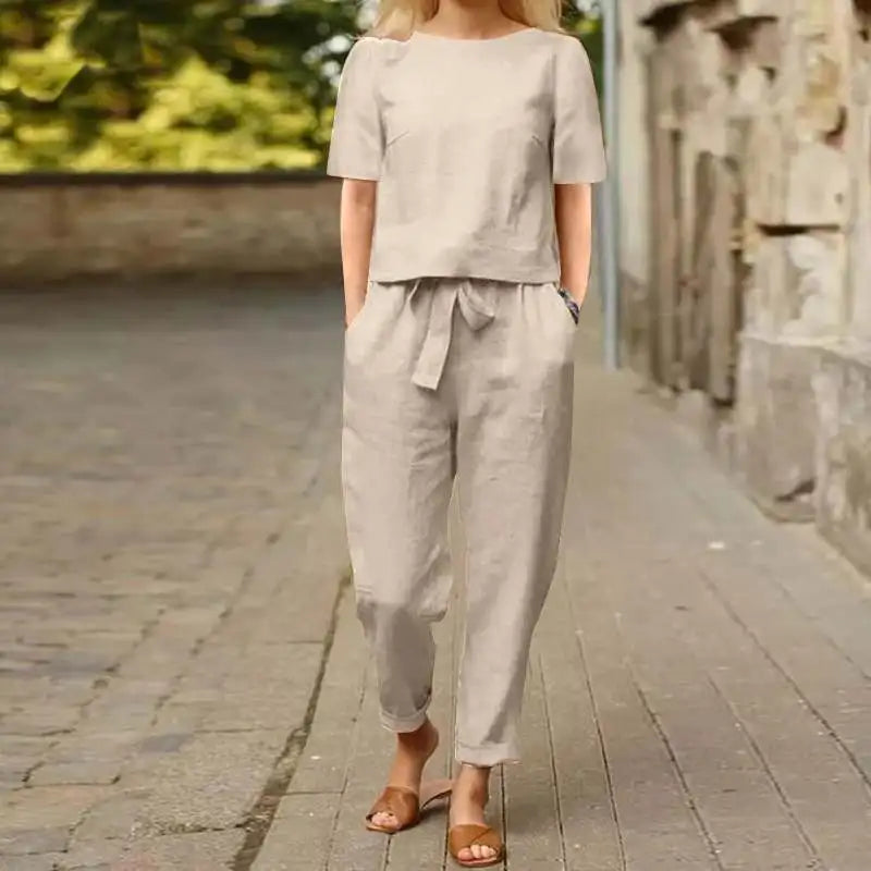 Zweiteiler Damen Sommer | Leinenlook-Set mit Bindegürtel & Taschen