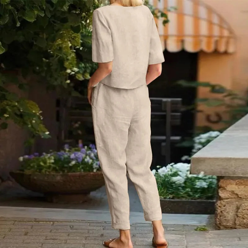 Zweiteiler Damen Sommer | Leinenlook-Set mit Bindegürtel & Taschen