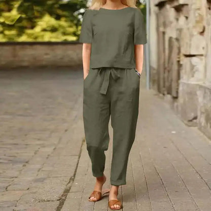 Zweiteiler Damen Sommer | Leinenlook-Set mit Bindegürtel & Taschen
