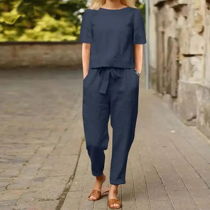 Zweiteiler Damen Sommer | Leinenlook-Set mit Bindegürtel & Taschen