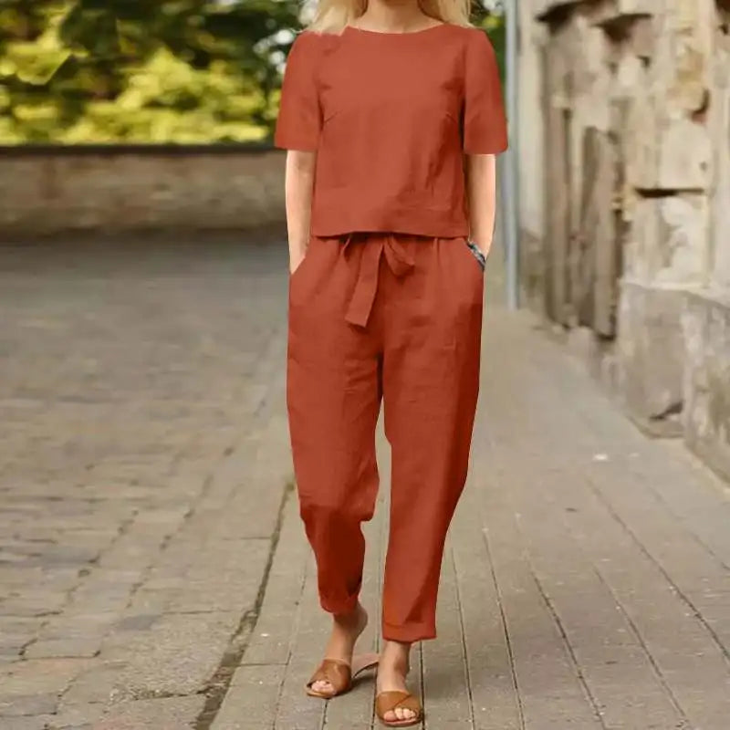 Zweiteiler Damen Sommer | Leinenlook-Set mit Bindegürtel & Taschen