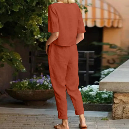 Zweiteiler Damen Sommer | Leinenlook-Set mit Bindegürtel & Taschen