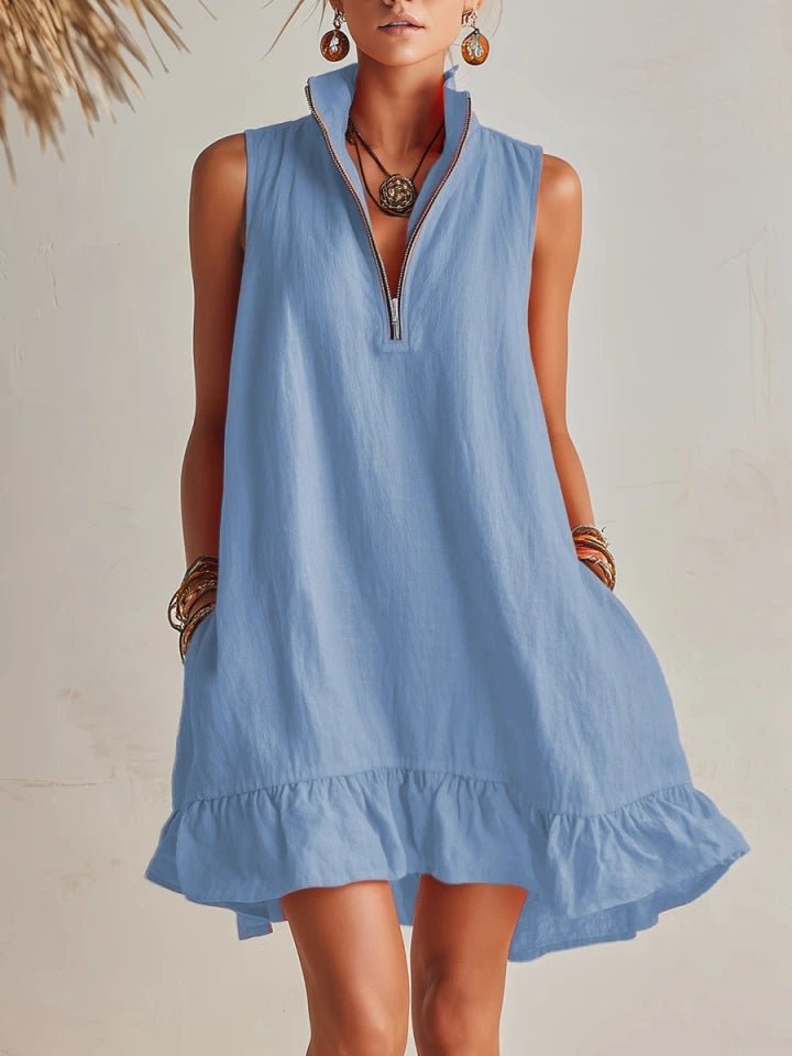 Mia | Damen Linen Stehkragen Reißverschluss Rüschen Mini Kleid 2