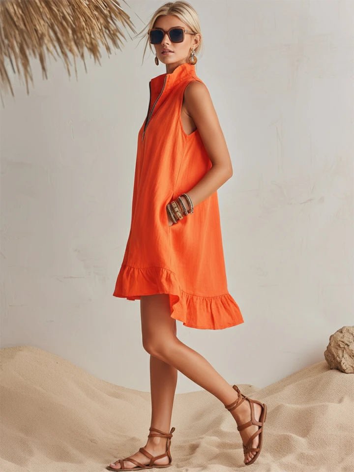 Mia | Damen Linen Stehkragen Reißverschluss Rüschen Mini Kleid 7